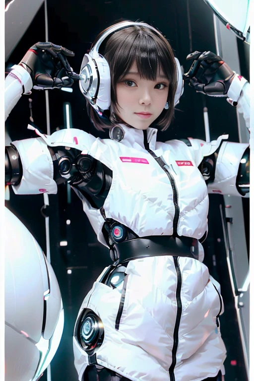 A girl in a futuristic bright white heavily armored robot suit takes a photo、perfect android girl, Female cyborg body, Perfect anime cyborg woman, Beautiful female android!, Female Robot, completely robot!! girl, Cute cyborg girl, Cyber Suit, Girl wearing mecha cybernetic armor, Cyber Suit, beutiful white girl cyborg, Beautiful female android, Beautiful girl cyborg、Cute cyborg girl with short bob hair、Beautiful android sculpture model、(Laughter)、((Rounded, white, sturdy armor))、(((Equipped with long sensor antennas on both ears)))、(((Robot Girl)))、(((Android girls)))、