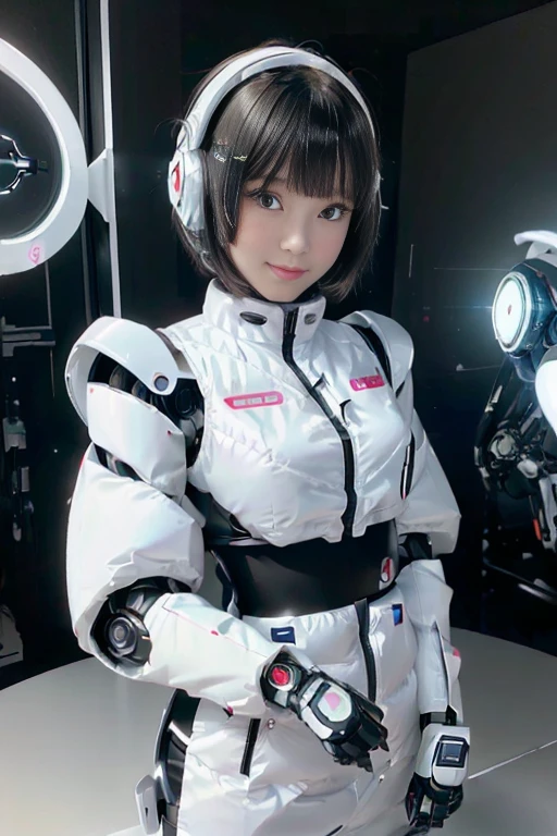 A girl in a futuristic bright white heavily armored robot suit takes a photo、perfect android girl, Female cyborg body, Perfect anime cyborg woman, Beautiful female android!, Female Robot, completely robot!! girl, Cute cyborg girl, Cyber Suit, Girl wearing mecha cybernetic armor, Cyber Suit, beutiful white girl cyborg, Beautiful female android, Beautiful girl cyborg、Cute cyborg girl with short bob hair、Beautiful android sculpture model、(Laughter)、((Rounded, white, sturdy armor))、(((Equipped with long sensor antennas on both ears)))、(((Robot Girl)))、(((Android girls)))、