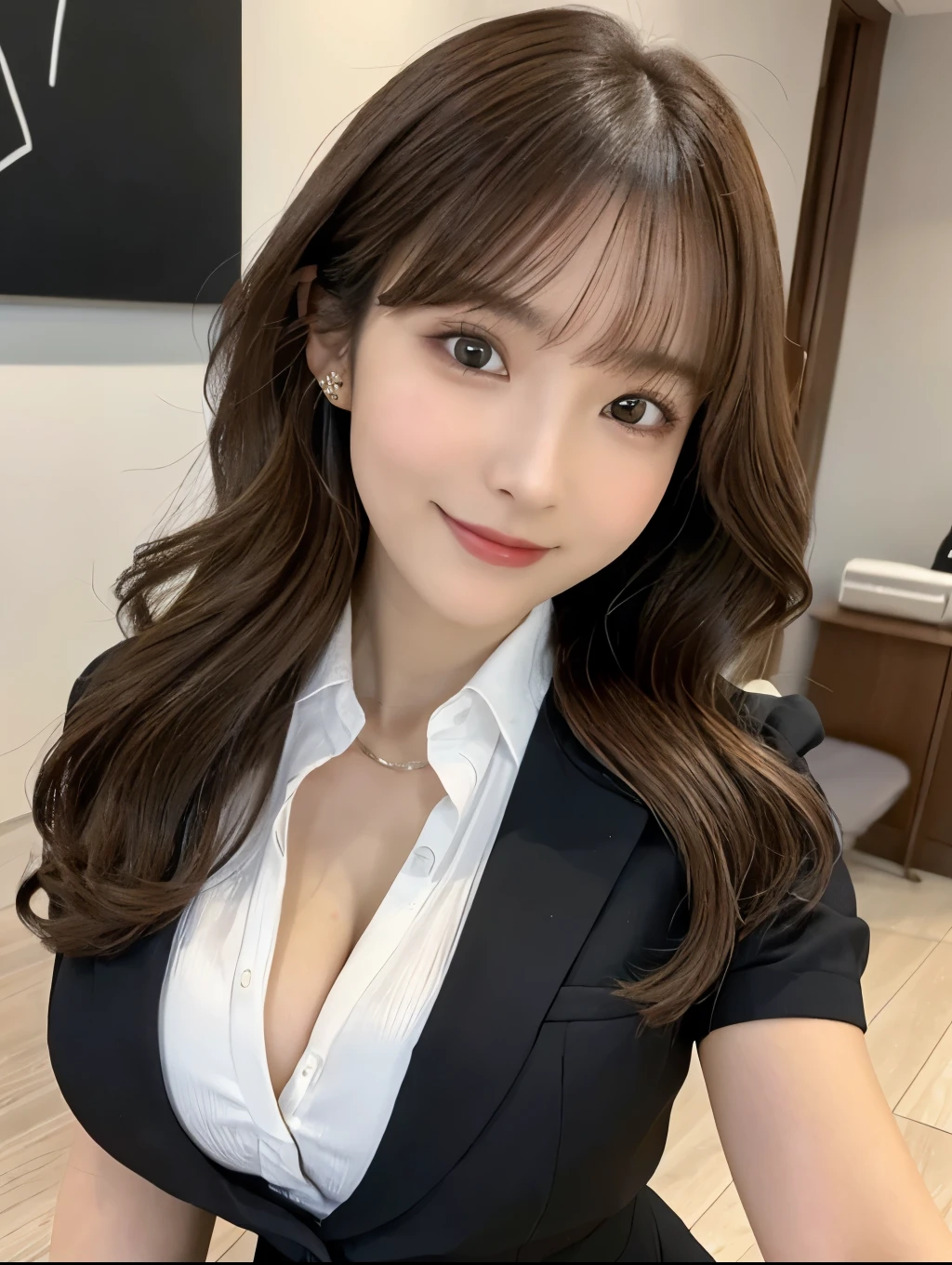 Realistic:1.2,Masterpiece,highest quality，98k,((One Woman)),20-year-old,Japanese women、Tight waist,Perfect Anatomy, Brown Hair, Wavy Hair,Random Hairstyles,Big beautiful breasts,((Perfectly detailed face and eyes:1.2))((Cute Face:1.2))，Random pause，smile、Black secretary suit、mini skirt、Full Body Shot,Natural Face