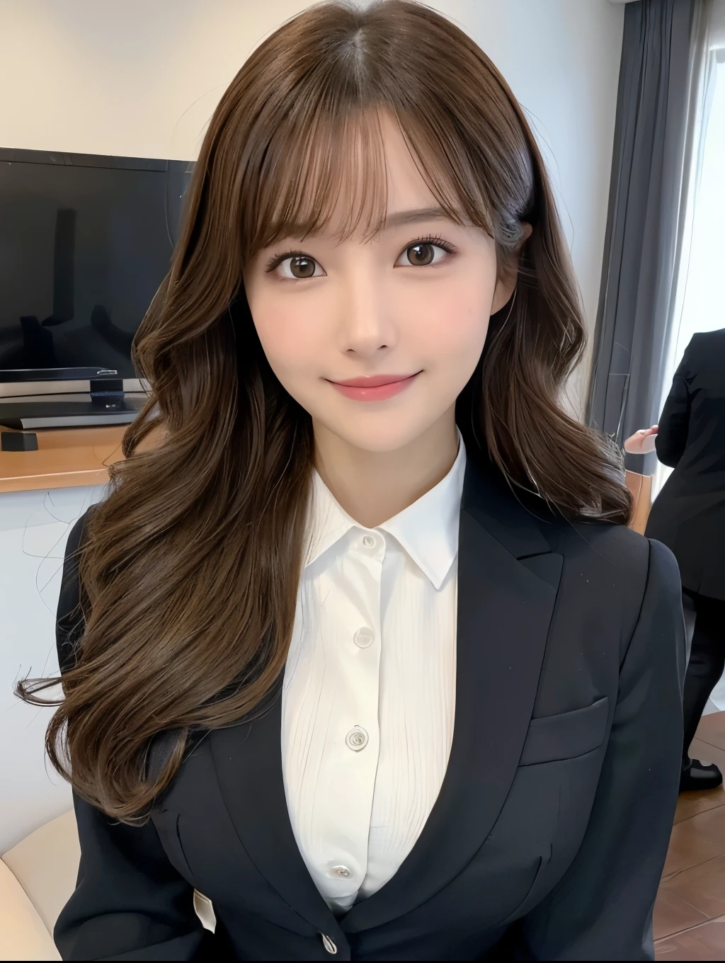 Realistic:1.2,Masterpiece,highest quality，98k,((One Woman)),20-year-old,Japanese women、Tight waist,Perfect Anatomy, Brown Hair, Wavy Hair,Random Hairstyles,Big beautiful breasts,((Perfectly detailed face and eyes:1.2))((Cute Face:1.2))，Random pause，smile、Black secretary suit、mini skirt、Full Body Shot,Natural Face