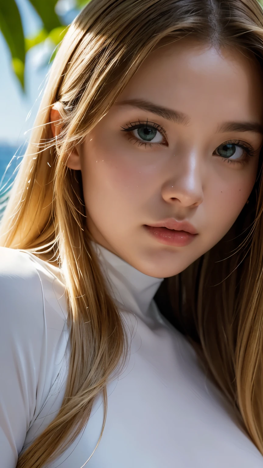 Strong light, Strong contrast, In an open-roofed cave、Sunlight shines through green moss and ferns。, And open( Ocean View:1.1) end, Cel-shaded rendering, 4K, 360 degrees, Equirectangular projection, what, One Girl, 30-year-old woman､Beautiful woman､Long Blonde Hair､White Latex Leotard､White long boots､White arm cover､masterpiece, 最high quality, high quality, High resolution, (((Face close-up)))、、Cleavage