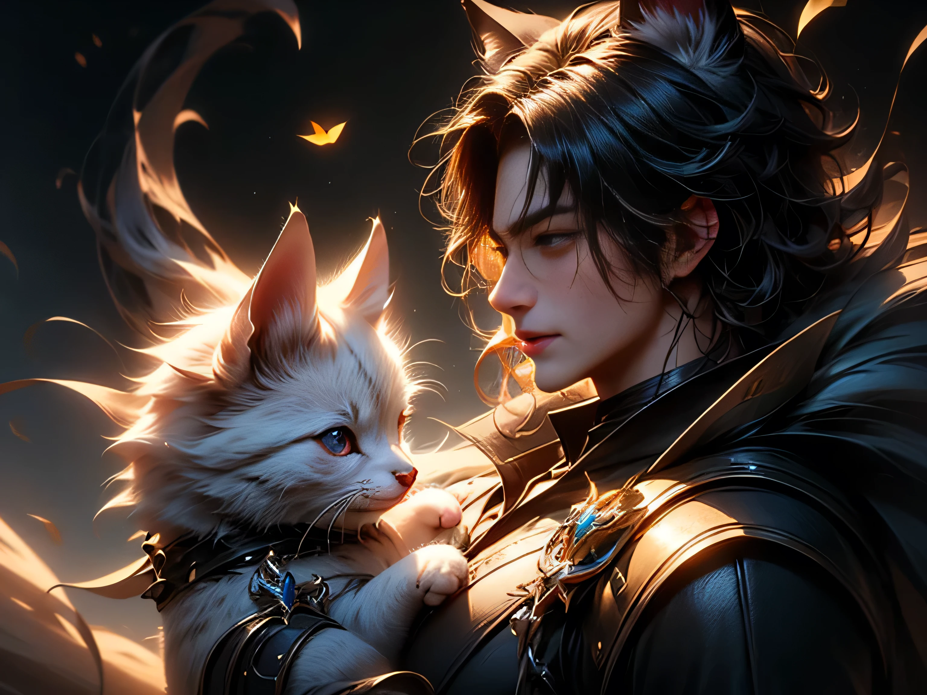 (Best Quality, 8K, Masterpiece, HDR, Soft Lighting, Picture Perfect, Realistic, Vivid), There is a garden with blue and pink flowers, there is a handsome man with cat ears lying on the grass, he has beautiful gray eyes and a kind smile, dark hair, he has a naked torso with a perfect body and black leather pants with military boots, he is stroking little cute foxes lying on the chest, (ultra high quality fantasy art, majestic fantasy style, masterpiece, ultra high quality male character design, 8k quality anime art, realistic anime art, highest quality wallpaper illustration, detailed ultra high quality accurate male face, high quality design and accurate physics , male character)(ultra high quality fantasy art, dark fantasy style, masterpiece, ultra high quality character design, 8k quality anime art , Realistic Anime Art, Highest Quality Wallpaper Illustration, Detailed Ultra High Quality Accurate Face, High Quality Design and Accurate Physics), Color Difference, Depth of Field, Dramatic Shadows, Ray Tracing, Best Quality, Highly Detailed CG, 8K Wallpapers, [Carefully Rendered hair [Read more about beautiful and shiny hair]] ,(Perfect hand detail [Beautiful fingers without breakage [Beautiful nails]],(Perfect anatomy (Perfect proportions)) [[Resembles the whole body]],[Perfect color combination (Accurate simulation of interaction light and material)], [Visual art that conveys the meaning of history]