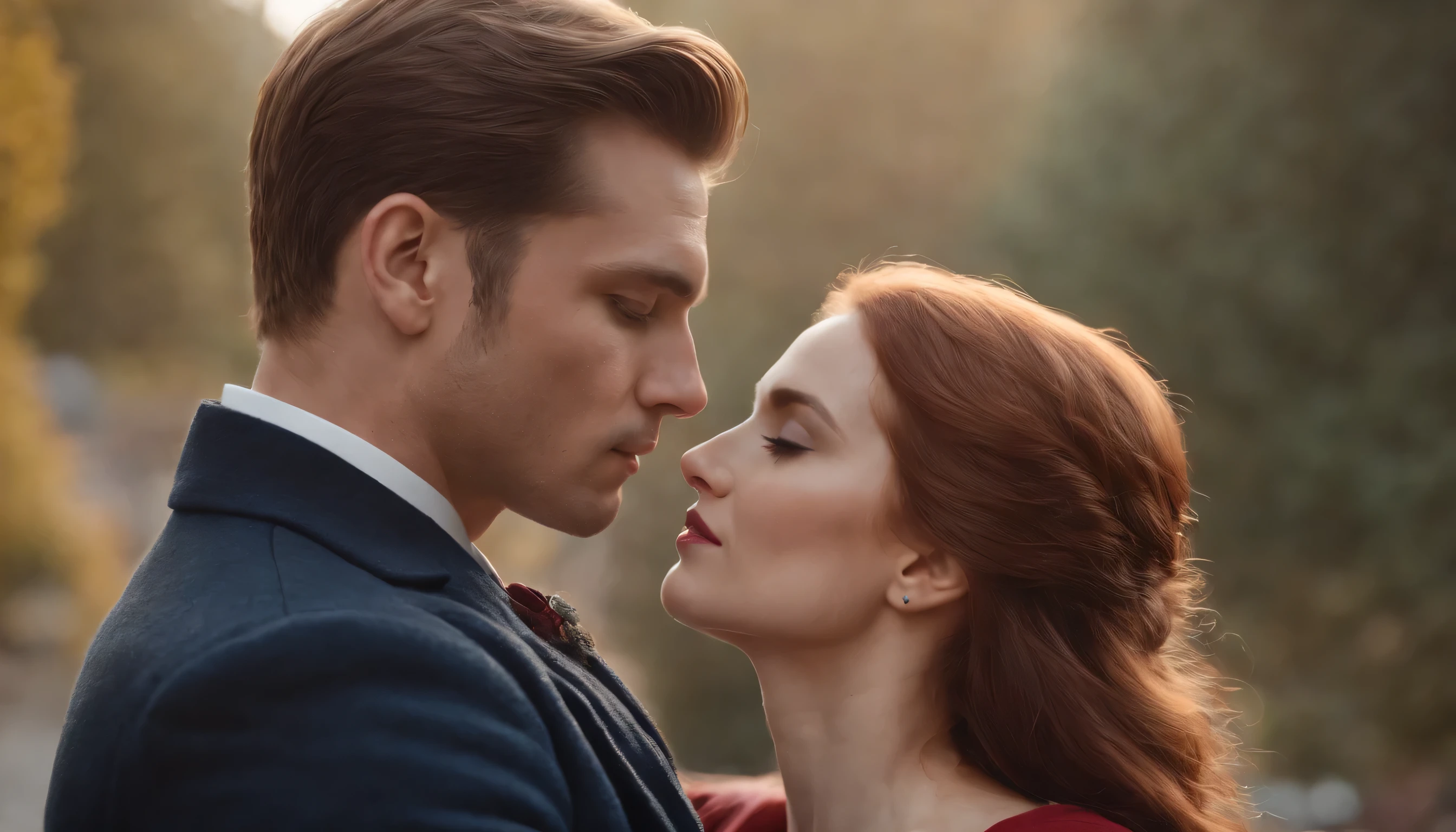Ultra-realistic image of a man and a woman kissing. The man is handsome and muscular, broad shoulders, light brown, short brown hair, wearing a navy blue overcoat. The woman is beautiful, redhead, long hair and wearing a strapless red dress, high quality, Ultra HD, 8K