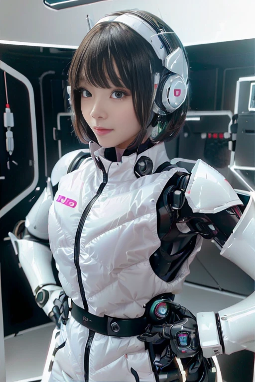 A girl in a futuristic bright white heavily armored robot suit takes a photo、perfect android girl, Female cyborg body, Perfect anime cyborg woman, Beautiful female android!, Female Robot, completely robot!! girl, Cute cyborg girl, Cyber Suit, Girl wearing mecha cybernetic armor, Cyber Suit, beutiful white girl cyborg, Beautiful female android, Beautiful girl cyborg、Cute cyborg girl with short bob hair、Beautiful android sculpture model、(Laughter)、((Rounded, white, sturdy armor))、(((Equipped with long sensor antennas on both ears)))、(((Robot Girl)))、(((Android girls)))、