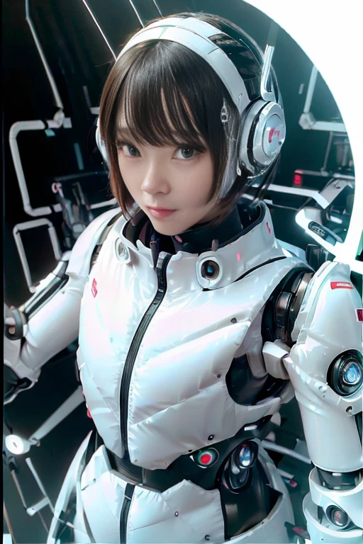 A girl in a futuristic bright white heavily armored robot suit takes a photo、perfect android girl, Female cyborg body, Perfect anime cyborg woman, Beautiful female android!, Female Robot, completely robot!! girl, Cute cyborg girl, Cyber Suit, Girl wearing mecha cybernetic armor, Cyber Suit, beutiful white girl cyborg, Beautiful female android, Beautiful girl cyborg、Cute cyborg girl with short bob hair、Beautiful android sculpture model、(Laughter)、((Rounded, white, sturdy armor))、(((Equipped with long sensor antennas on both ears)))、(((Robot Girl)))、(((Android girls)))、