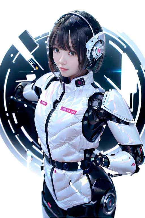 A girl in a futuristic bright white heavily armored robot suit takes a photo、perfect android girl, Female cyborg body, Perfect anime cyborg woman, Beautiful female android!, Female Robot, completely robot!! girl, Cute cyborg girl, Cyber Suit, Girl wearing mecha cybernetic armor, Cyber Suit, beutiful white girl cyborg, Beautiful female android, Beautiful girl cyborg、Cute cyborg girl with short bob hair、Beautiful android sculpture model、(Laughter)、((Rounded, white, sturdy armor))、(((Equipped with long sensor antennas on both ears)))、(((Robot Girl)))、(((Android girls)))、