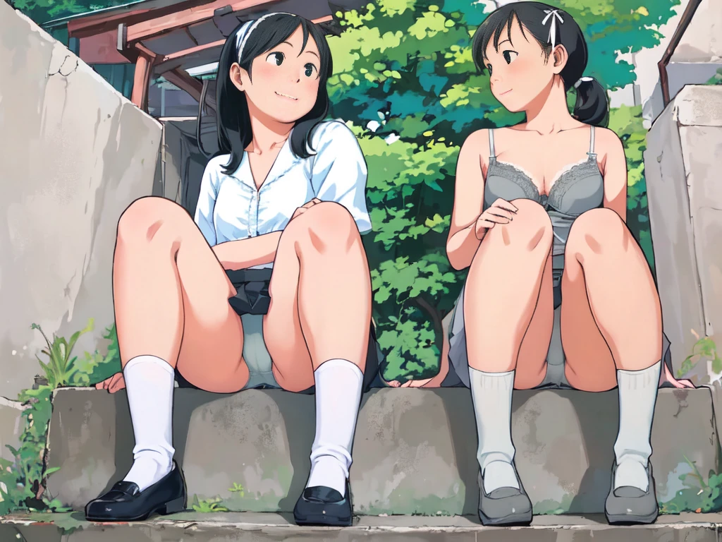 highest quality, Ultra-high resolution, (Realistic: )2D official style cel animation,((2Girls sitting in a row))high school girl、ponytail、White Big Ribbon、Short Bob、Hair band、Grey mini skirt,summer shirt,Unbutton、(Lace panties、Lace bra),loose socks,Full body portrait,(From below),Station stairs,sunny,Spread your legs、blush