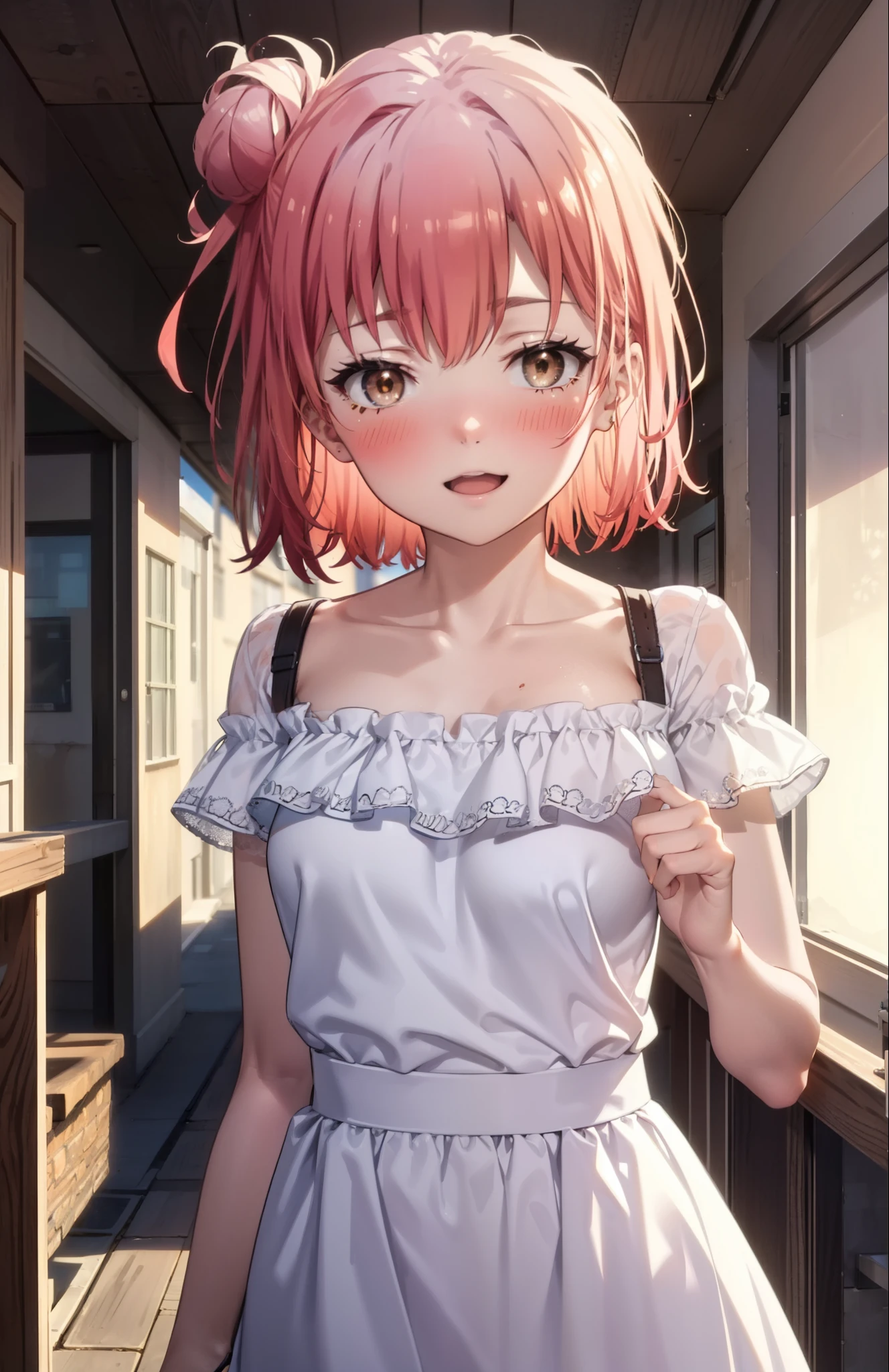 yuiyuigahama, yui yuigahama, short hair, (Brown eyes:1.5), (Pink Hair:1.2), Hair Bun, single Hair Bun, happy smile, smile, Open your mouth,Cord off-shoulder top,Short sleeve,Long skirt,Stiletto heels,morning,morning陽,The sun is rising,walk,whole bodyがイラストに入るように,morning,morning陽,The sun is rising,On the way to school,
break outdoors, School,School building,
break looking at viewer, whole body,
break (masterpiece:1.2), highest quality, High resolution, unity 8k wallpaper, (shape:0.8), (Beautiful details:1.6), Highly detailed face, Perfect lighting, Highly detailed CG, (Perfect hands, Perfect Anatomy),
