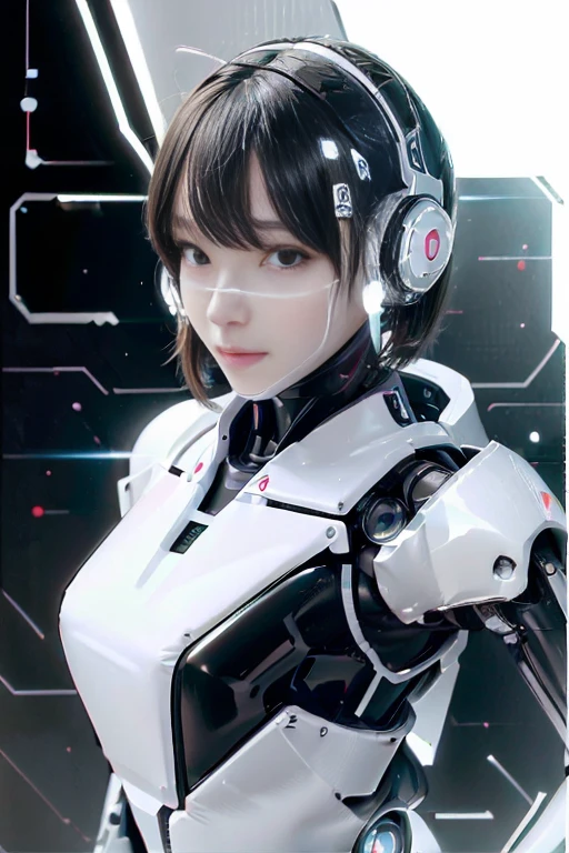 A girl in a futuristic bright white heavily armored robot suit takes a photo、perfect android girl, Female cyborg body, Perfect anime cyborg woman, Beautiful female android!, Female Robot, completely robot!! girl, Cute cyborg girl, Cyber Suit, Girl wearing mecha cybernetic armor, Cyber Suit, beutiful white girl cyborg, Beautiful female android, Beautiful girl cyborg、Cute cyborg girl with short bob hair、Beautiful android sculpture model、(Laughter)、((Rounded, white, sturdy armor))、(((Equipped with long sensor antennas on both ears)))、(((Robot Girl)))、(((Android girls)))、