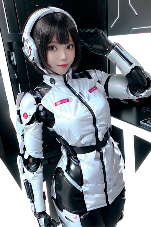 A girl in a futuristic bright white heavily armored robot suit takes a photo、perfect android girl, Female cyborg body, Perfect anime cyborg woman, Beautiful female android!, Female Robot, completely robot!! girl, Cute cyborg girl, Cyber Suit, Girl wearing mecha cybernetic armor, Cyber Suit, beutiful white girl cyborg, Beautiful female android, Beautiful girl cyborg、Cute cyborg girl with short bob hair、Beautiful android sculpture model、(Laughter)、((Rounded, white, sturdy armor))、(((Equipped with long sensor antennas on both ears)))、(((Robot Girl)))、(((Android girls)))、