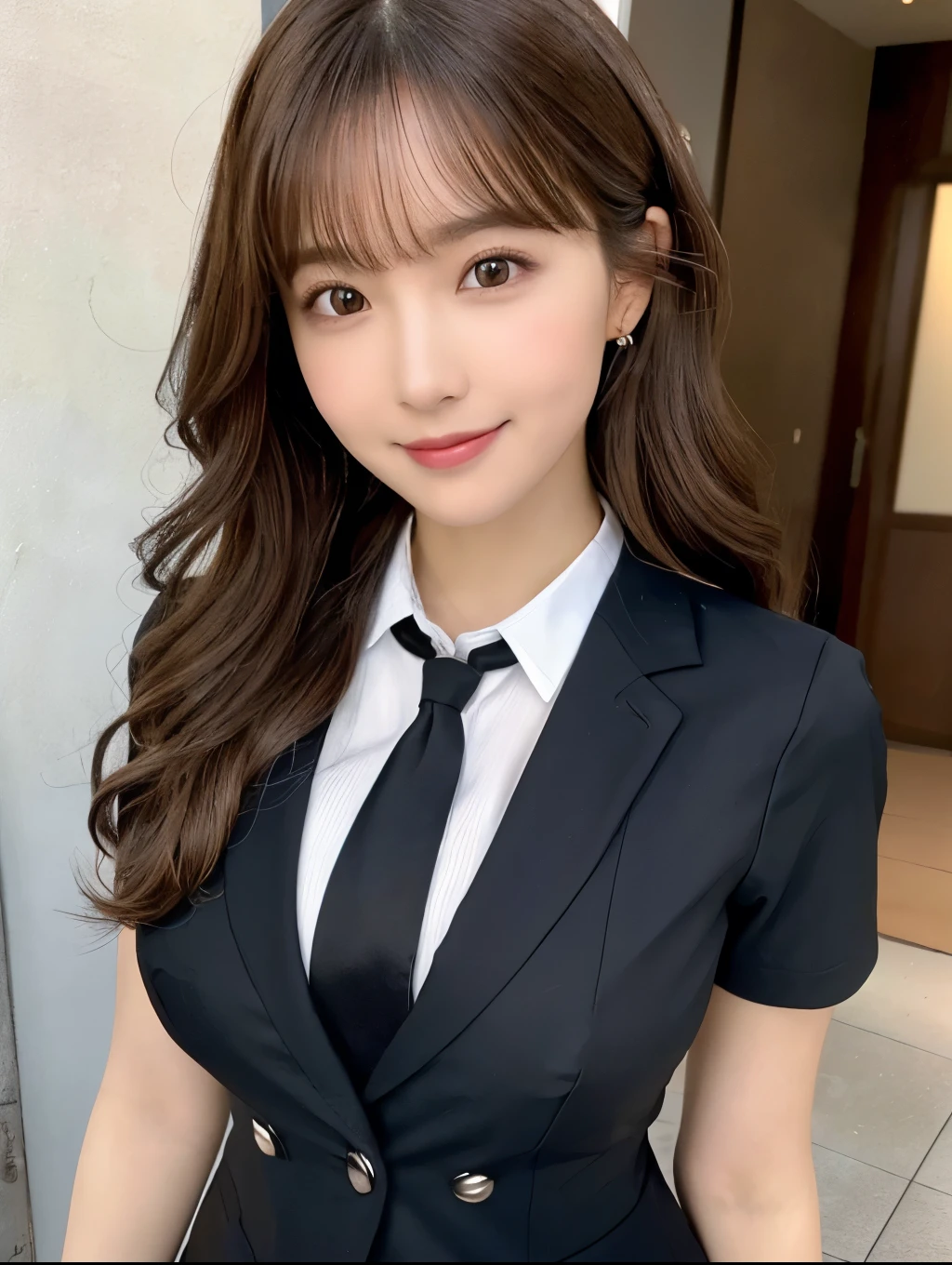 Realistic:1.2,Masterpiece,highest quality,98k,((One Woman)),20-year-old,Japanese women、Tight waist,Perfect Anatomy, Brown Hair, Wavy Hair,Random Hairstyles,Big beautiful breasts,((Perfectly detailed face and eyes:1.2))((Cute Face:1.2)),Random pause,smile、Black secretary suit、mini skirt、Full Body Shot,Natural Face