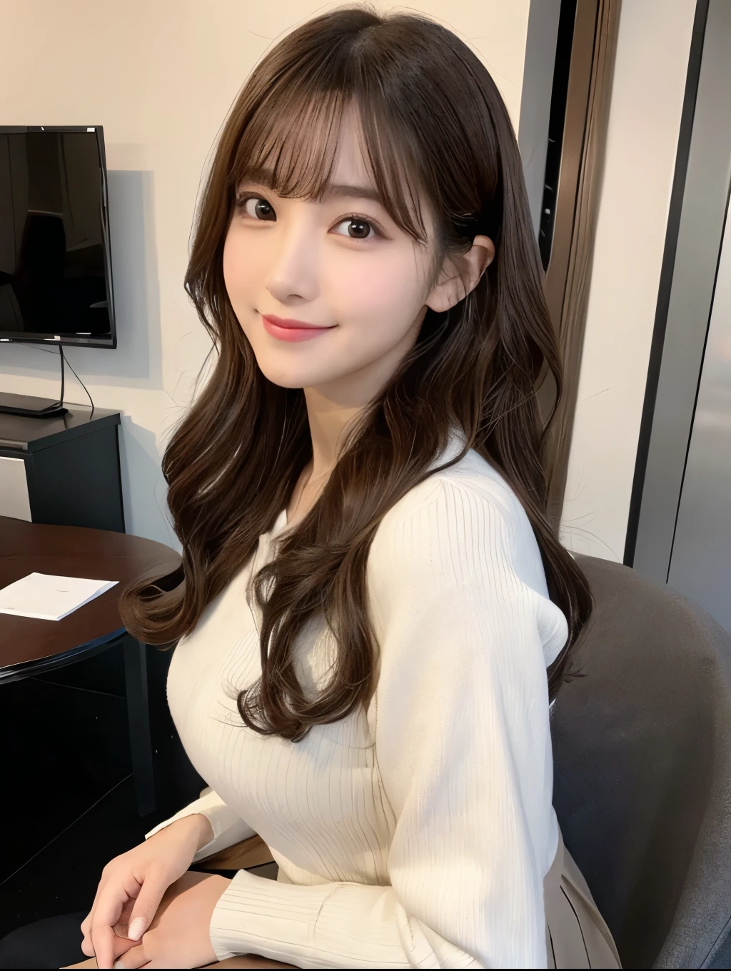 Realistic:1.2,Masterpiece,highest quality，98k,((One Woman)),20-year-old,Japanese women、Tight waist,Perfect Anatomy, Brown Hair, Wavy Hair,Random Hairstyles,Big beautiful breasts,((Perfectly detailed face and eyes:1.2))((Cute Face:1.2))，Random pause，smile、Black secretary suit、mini skirt、Full Body Shot,Natural Face