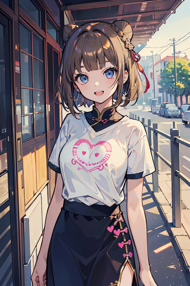 One girl, (super high quality), masterpiece, (Girl with light brown hair), smile, Mouth open, Pink T-shirt with a character on it, Light blue skirt with ribbon, Casual Scene, Relaxed atmosphere, She is wearing fashionable clothes,Summer sunshine, zoo, Perfect body, (E Cup:1.2), Heart accent, cute, teeth, Fresh, (Asymmetrical bangs:1.3),Short Bob,(Chinese style bun hairstyle), Highly detailed face and eyes, Young Face, Digital Art, beautiful, Cinema Lighting, by Yusuke Murata.tonality, Romanticism, modern art, Impressionism, reflected light, 8k, masterpiece, Advanced Details, highest quality, Accurate anatomy