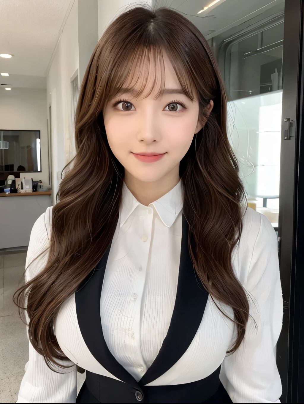 Realistic:1.2,Masterpiece,highest quality，98k,((One Woman)),20-year-old,Japanese women、Tight waist,Perfect Anatomy, Brown Hair, Wavy Hair,Random Hairstyles,Big beautiful breasts,((Perfectly detailed face and eyes:1.2))((Cute Face:1.2))，Random pause，smile、Black secretary suit、mini skirt、Full Body Shot,Natural Face、Perfect lighting