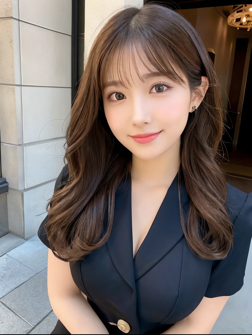 Realistic:1.2,Masterpiece,highest quality,98k,((One Woman)),20-year-old,Japanese women、Tight waist,Perfect Anatomy, Brown Hair, Wavy Hair,Random Hairstyles,Big beautiful breasts,((Perfectly detailed face and eyes:1.2))((Cute Face:1.2)),Random pause,smile、Black secretary suit、mini skirt、Full Body Shot,Natural Face、Perfect lighting