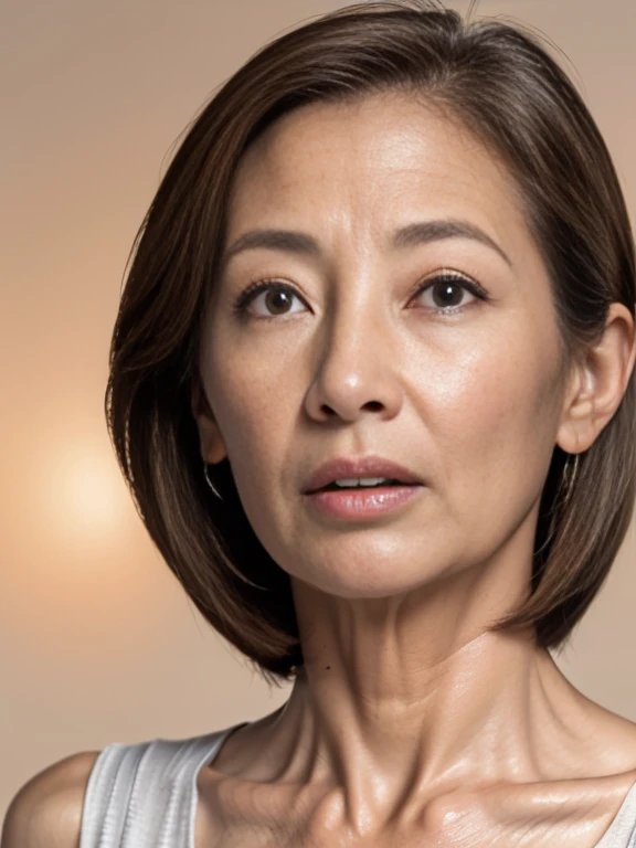 Close-up photo of a woman's face、(highest quality,8k,masterpiece),
Rough skin, Anatomically correct, sharp, Gray background、((Japanese Mature, 70 years old)), alone, ((Facial wrinkles),, Straight light brown hair that reaches the shoulders, (((Stand upright, Facing the center of the screen.))), Open your mouth and look straight ahead, Expressions of ecstasy,Lip gloss,