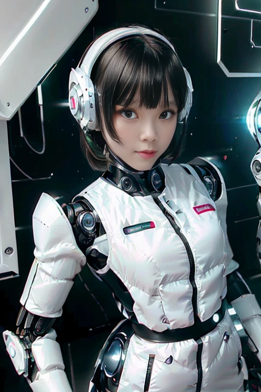 A girl in a futuristic bright white heavily armored robot suit takes a photo、perfect android girl, Female cyborg body, Perfect anime cyborg woman, Beautiful female android!, Female Robot, completely robot!! girl, Cute cyborg girl, Cyber Suit, Girl wearing mecha cybernetic armor, Cyber Suit, beutiful white girl cyborg, Beautiful female android, Beautiful girl cyborg、Cute cyborg girl with short bob hair、Beautiful android sculpture model、(Laughter)、((Rounded, white, sturdy armor))、(((Equipped with long sensor antennas on both ears)))、(((Robot Girl)))、(((Android girls)))、