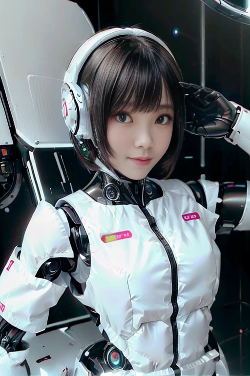 A girl in a futuristic bright white heavily armored robot suit takes a photo、perfect android girl, Female cyborg body, Perfect anime cyborg woman, Beautiful female android!, Female Robot, completely robot!! girl, Cute cyborg girl, Cyber Suit, Girl wearing mecha cybernetic armor, Cyber Suit, beutiful white girl cyborg, Beautiful female android, Beautiful girl cyborg、Cute cyborg girl with short bob hair、Beautiful android sculpture model、(Laughter)、((Rounded, white, sturdy armor))、(((Equipped with long sensor antennas on both ears)))、(((Robot Girl)))、(((Android girls)))、