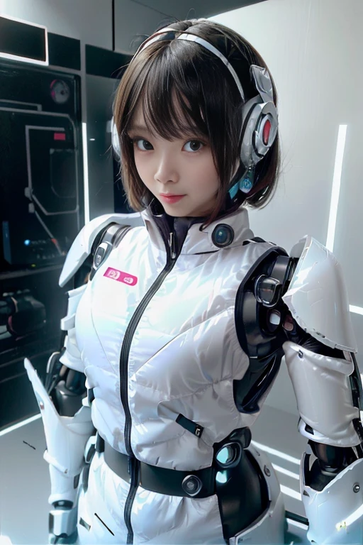 A 25 year old woman wearing a sexy dark pink and white glossy skin-tight hero suit:1.5, highest quality, High resolution, 8k, One girl, Huge breasts :1.5, (bangs,Black Hair,Medium Hair), desk work, PC, Shiny skin, View your viewers, smile