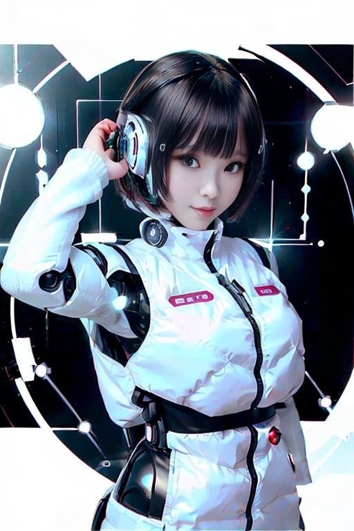 A girl in a futuristic bright white heavily armored robot suit takes a photo、perfect android girl, Female cyborg body, Perfect anime cyborg woman, Beautiful female android!, Female Robot, completely robot!! girl, Cute cyborg girl, Cyber Suit, Girl wearing mecha cybernetic armor, Cyber Suit, beutiful white girl cyborg, Beautiful female android, Beautiful girl cyborg、Cute cyborg girl with short bob hair、Beautiful android sculpture model、(Laughter)、((Rounded, white, sturdy armor))、(((Equipped with long sensor antennas on both ears)))、(((Robot Girl)))、(((Android girls)))、