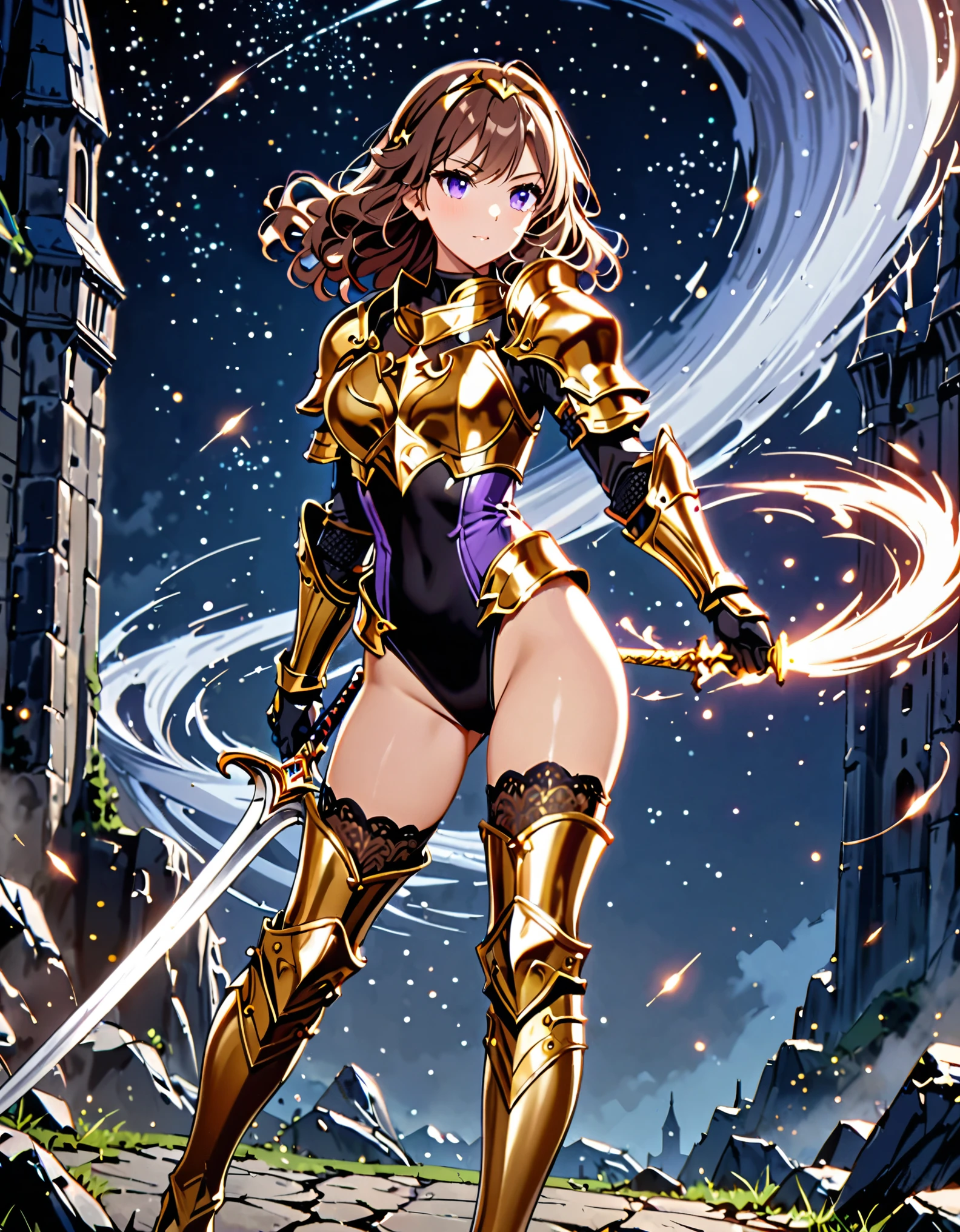 masterpiece, best quality, solo focus, 1girl, 22 years old, brown hair, (wavy hair, short hair), gold headband, purple eyes, beautiful detailed eyes, (gold medieval armor), (eagle (symbol) on chest), gauntlets, (leotard, black leotard, matching leotard, bare legs), (thighhigh leggings, boots, matching boots), perfect hands, (wielding sword, silver broad sword), space backdrop, (diffraction spikes, light particles), solo, (perfect anatomy), (full body shot), cowboy shot curved sword slash, she (spins around) like a (tornado).