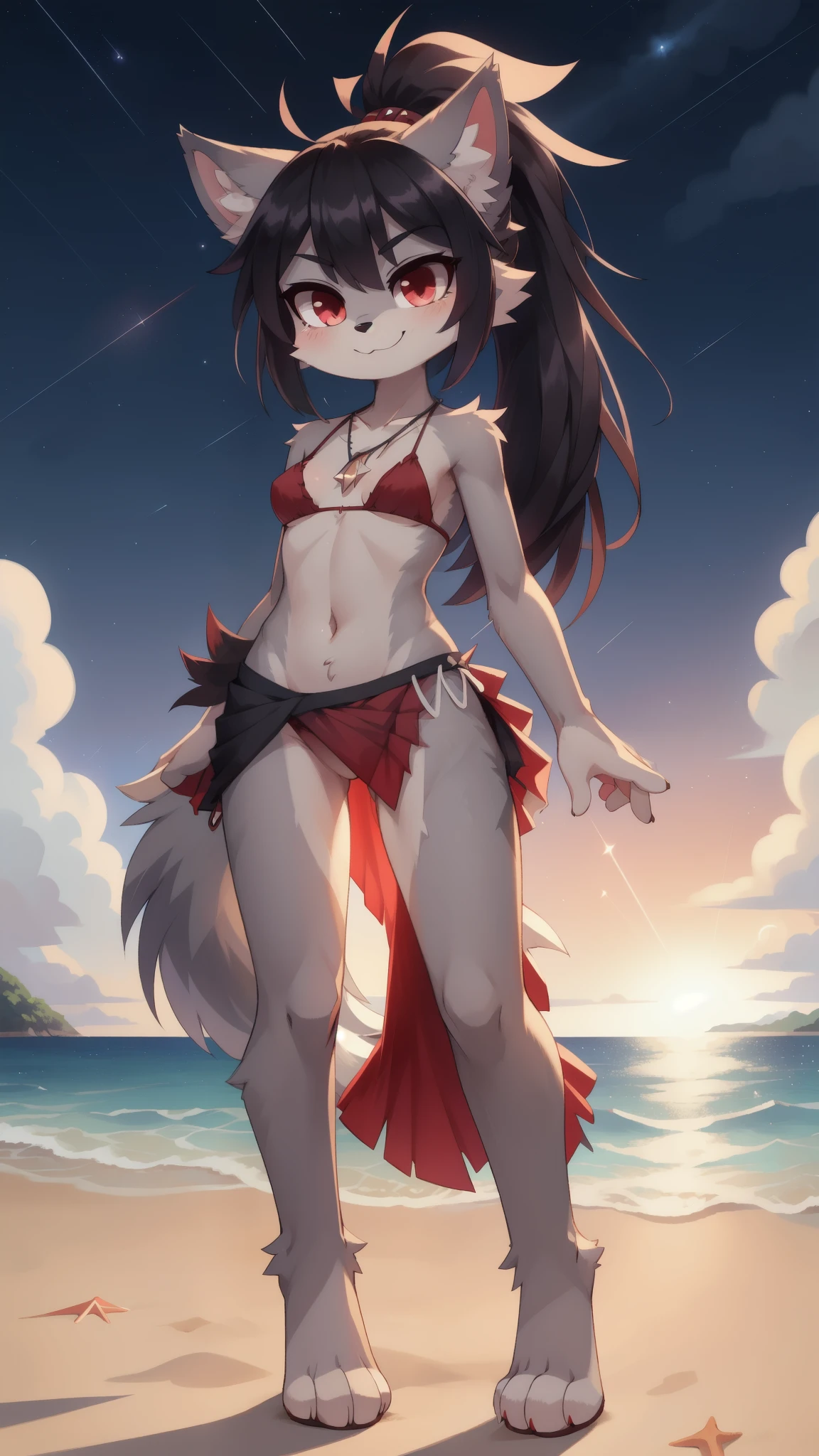 furry girl, wolf, black hair, punk hairstyle, long spiky ponytail, anime style, small breasts, red eyes, ((deep red bikini ruffled triangle, high cut bottom, star necklace, beach sarong with shooting stars on hips)), high quality, detailed body, detailed eyes, detailed face, masterpiece, glistening body, detailed body fur, best quality, two tone body, gray fur, clear gray fur, perfect lighting, perfect shadows, perfect eyes, perfect hair, perfect face, gorgeous body, skinny,  standing, solo, :3, smilling, standing, beach, clear sky, full body, feets with three toes, 3 toes,