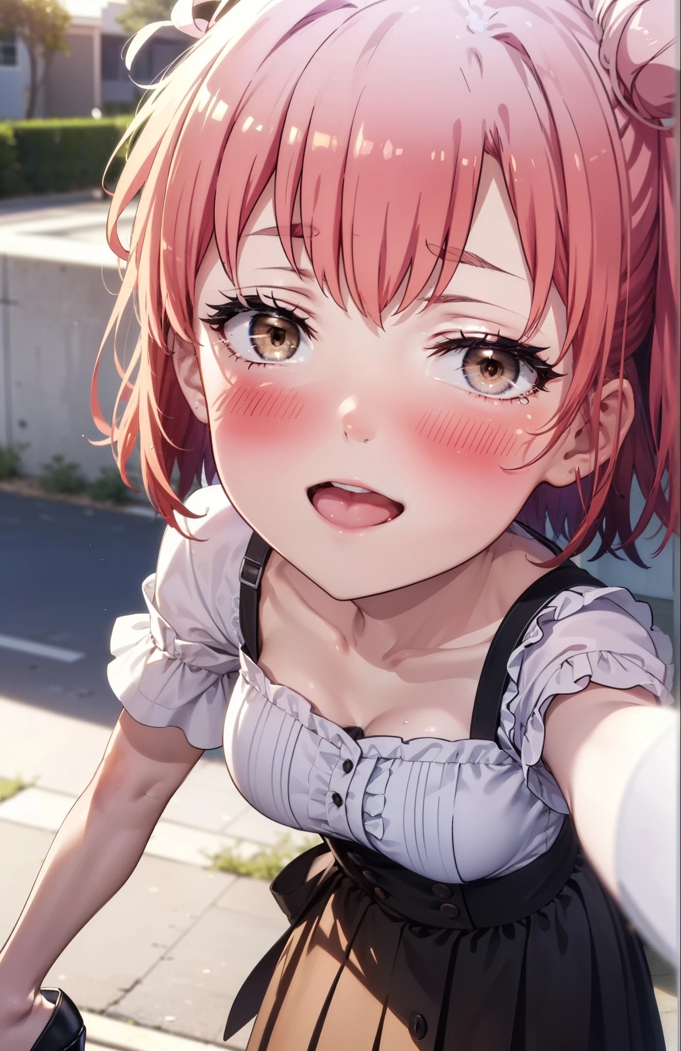 yuiyuigahama, yui yuigahama, short hair, (Brown eyes:1.5), (Pink Hair:1.2), Hair Bun, Big Breasts,single Hair Bun, happy smile, smile, Open your mouth,Cord off-shoulder top,Short sleeve,Long skirt,Stiletto heels,morning,morning陽,The sun is rising,walk,whole bodyがイラストに入るように,morning,morning陽,The sun is rising,On the way to school,
break outdoors, School,School building,
break looking at viewer, whole body,
break (masterpiece:1.2), highest quality, High resolution, unity 8k wallpaper, (shape:0.8), (Beautiful details:1.6), Highly detailed face, Perfect lighting, Highly detailed CG, (Perfect hands, Perfect Anatomy),