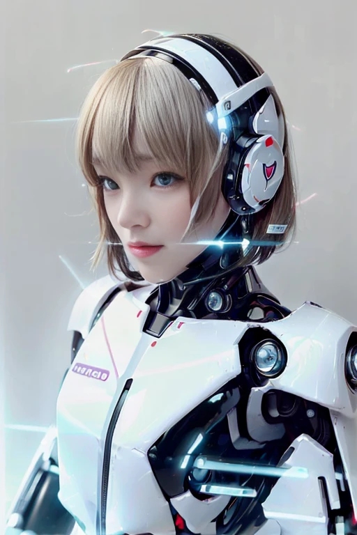 A girl in a futuristic bright white heavily armored robot suit takes a photo、perfect android girl, Female cyborg body, Perfect anime cyborg woman, Beautiful female android!, Female Robot, completely robot!! girl, Cute cyborg girl, Cyber Suit, Girl wearing mecha cybernetic armor, Cyber Suit, beutiful white girl cyborg, Beautiful female android, Beautiful girl cyborg、Cute cyborg girl with short bob hair、Beautiful android sculpture model、(Laughter)、((Rounded, white, sturdy armor))、(((Equipped with long sensor antennas on both ears)))、(((Robot Girl)))、(((Android girls)))、