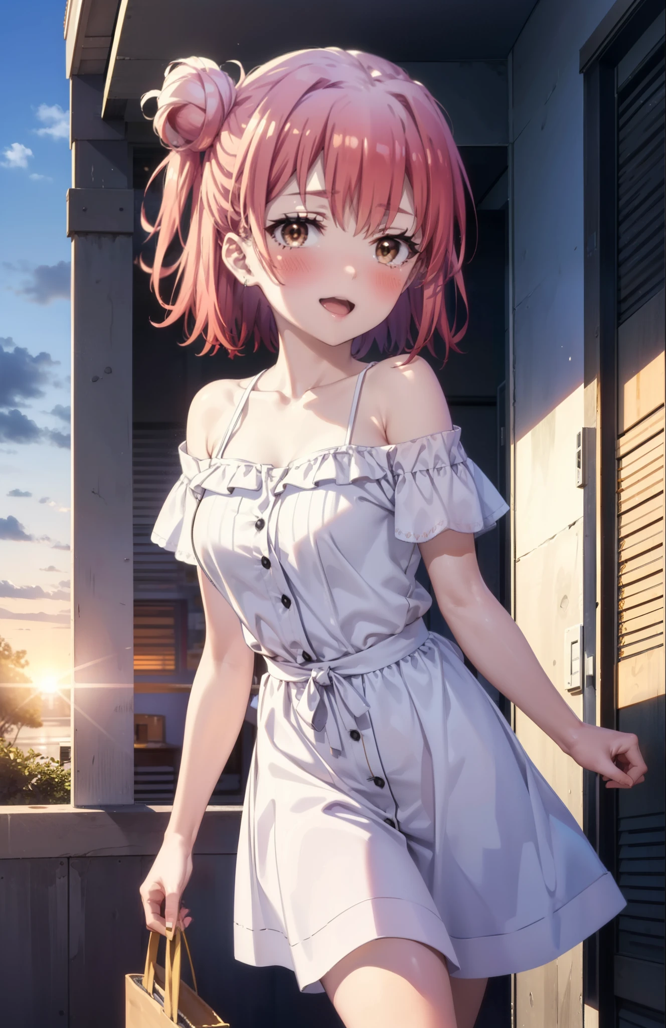 yuiyuigahama, yui yuigahama, short hair, (Brown eyes:1.5), (Pink Hair:1.2), Hair Bun, Big Breasts,single Hair Bun, happy smile, smile, Open your mouth,Cord off-shoulder top,Short sleeve,Long skirt,Stiletto heels,morning,morning陽,The sun is rising,walk,whole bodyがイラストに入るように,morning,morning陽,The sun is rising,On the way to school,
break outdoors, School,School building,
break looking at viewer, whole body,
break (masterpiece:1.2), highest quality, High resolution, unity 8k wallpaper, (shape:0.8), (Beautiful details:1.6), Highly detailed face, Perfect lighting, Highly detailed CG, (Perfect hands, Perfect Anatomy),