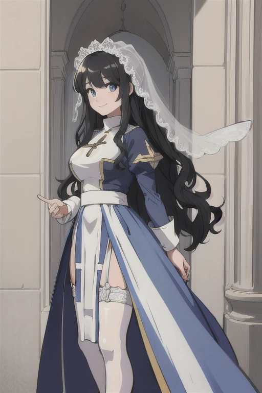 (masterpiece, best quality:1.2), HighPriestRO, 1 female, solo focus, light blue and white dress, black long wavy hair without bangs, brown sweet detailed eyes, smiling, formal, standing under a flower arc to officiate a wedding waiting for the newlyweds, ultra detailed
