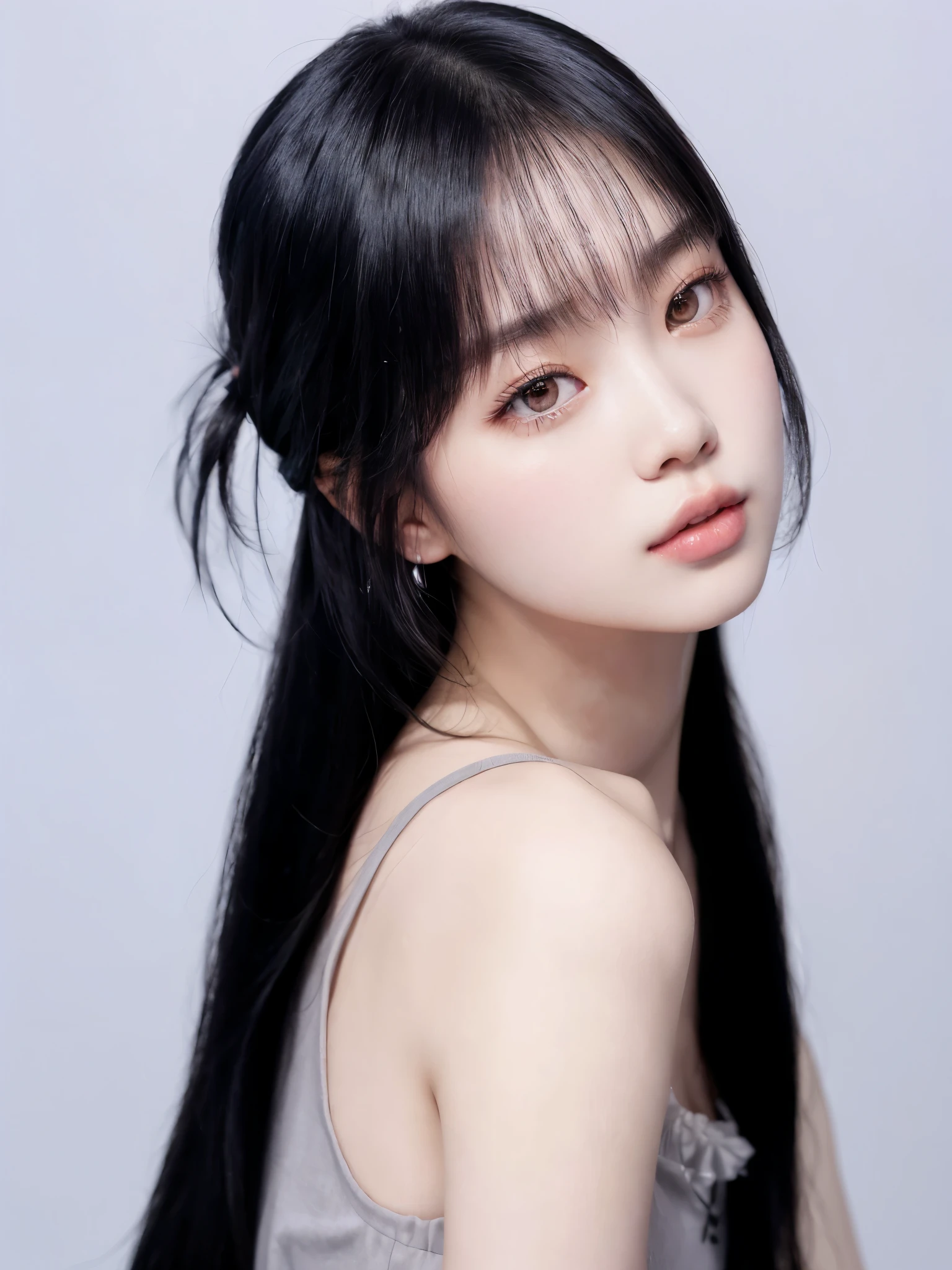 a close up of a woman with long black hair wearing a gray top, lalisa manobal, jaeyeon nam, jinyoung shin, she has black hair with bangs, kim doyoung, ulzzang, portrait of female korean idol, lee ji - eun, lee ji-eun, heonhwa choe, lalisa manoban of blackpink