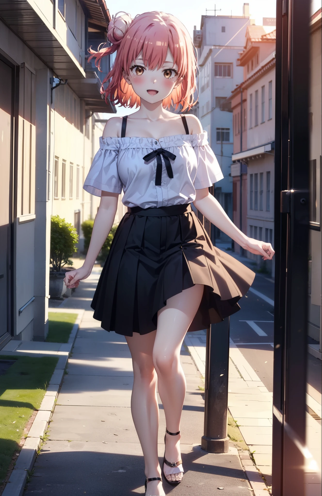 yuiyuigahama, yui yuigahama, short hair, (Brown eyes:1.5), (Pink Hair:1.2), Hair Bun, Big Breasts,single Hair Bun, happy smile, smile, Open your mouth,Cord off-shoulder top,Short sleeve,Long skirt,Stiletto heels,morning,morning陽,The sun is rising,walk,whole bodyがイラストに入るように,morning,morning陽,The sun is rising,On the way to school,
break outdoors, School,School building,
break looking at viewer, whole body,
break (masterpiece:1.2), highest quality, High resolution, unity 8k wallpaper, (shape:0.8), (Beautiful details:1.6), Highly detailed face, Perfect lighting, Highly detailed CG, (Perfect hands, Perfect Anatomy),