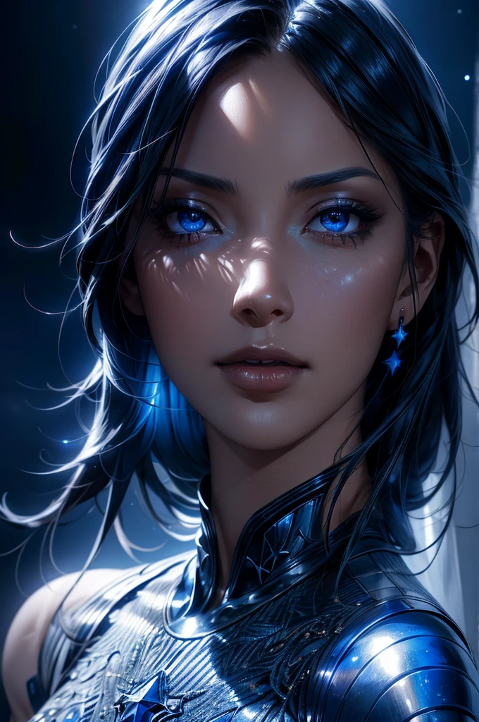 a highly detailed, realistic portrait of a young woman with beautiful, detailed eyes, nose, and lips, wearing a blue armor suit in a space background with the moon and stars, masterpiece, 8k, photo-realistic, cinematic lighting, hyper detailed, volumetric lighting, depth of field, natural skin tones, elegant pose, intricate design, ethereal, mystical, dramatic