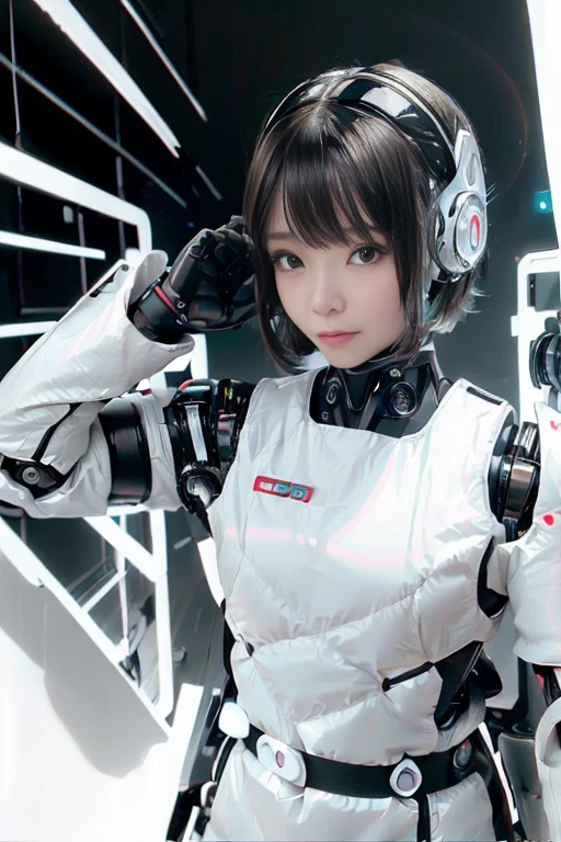 A girl in a futuristic bright white heavily armored robot suit takes a photo、perfect android girl, Female cyborg body, Perfect anime cyborg woman, Beautiful female android!, Female Robot, completely robot!! girl, Cute cyborg girl, Cyber Suit, Girl wearing mecha cybernetic armor, Cyber Suit, beutiful white girl cyborg, Beautiful female android, Beautiful girl cyborg、Cute cyborg girl with short bob hair、Beautiful android sculpture model、(Laughter)、((Rounded, white, sturdy armor))、(((Equipped with long sensor antennas on both ears)))、(((Robot Girl)))、(((Android girls)))、
