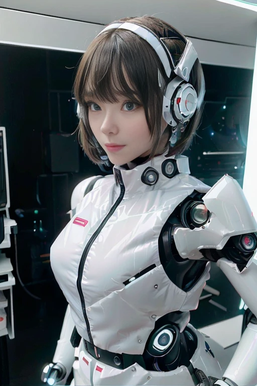 A girl in a futuristic bright white heavily armored robot suit takes a photo、perfect android girl, Female cyborg body, Perfect anime cyborg woman, Beautiful female android!, Female Robot, completely robot!! girl, Cute cyborg girl, Cyber Suit, Girl wearing mecha cybernetic armor, Cyber Suit, beutiful white girl cyborg, Beautiful female android, Beautiful girl cyborg、Cute cyborg girl with short bob hair、Beautiful android sculpture model、(Laughter)、((Rounded, white, sturdy armor))、(((Equipped with long sensor antennas on both ears)))、(((Robot Girl)))、(((Android girls)))、