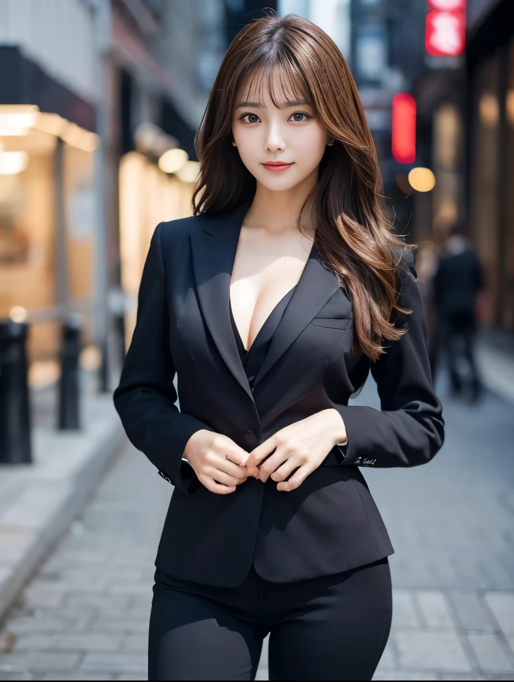 (Detailed skin:1.2),(Shiny skin:1.1),8k,highest quality, masterpiece, Ultra-high resolution,(Realistic:1.4), RAW Photos,(Soft Saturation:1.3),(Fair skin:1.2),Japanese Idols,repair,20 years, Brown Hair, Medium Hair, Asymmetrical Hair, Wavy Hair, (Perfect Anatomy),
(Pretty face:1.4), (Big Breasts, Tight waist), Beautiful lighting, Small Head,
(Black office suit:1.2,), Highly detailed face, Highly detailed lips, fine grain, double eyelid,, ((Full Body Shot:1.2)), Sharp focus: 1.2, Beautiful woman with perfect figure: 1.2、Random Pause,Accentuate the lines of your legs、smile、