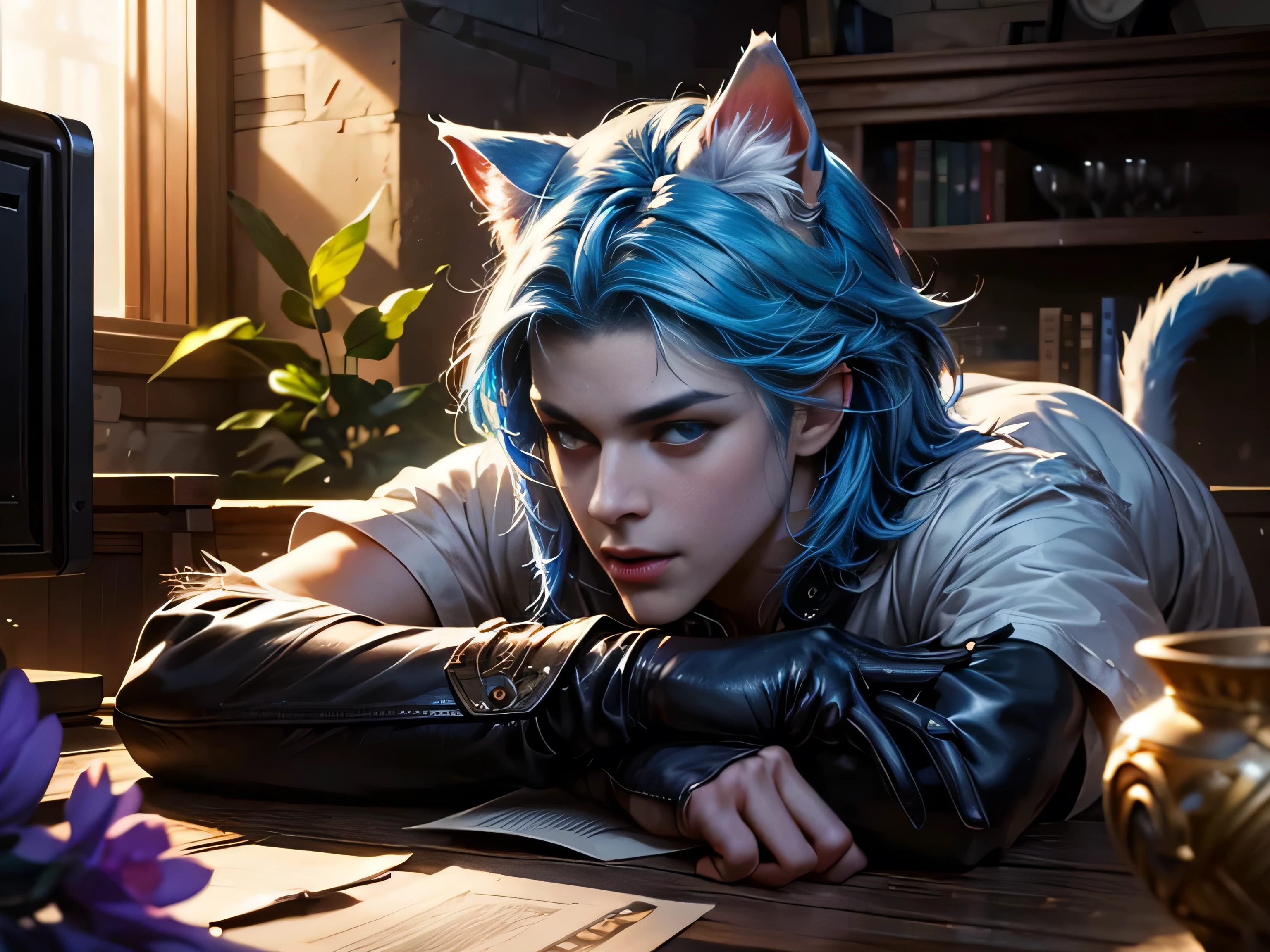 (Best Quality, 8K, Masterpiece, HDR, Soft Lighting, Picture Perfect, Realistic, Vivid), There is a garden with blue and pink flowers, a handsome man with cat ears is lying on the grass, he has beautiful blue eyes and a kind smile, pink-blue hair, he has a naked torso with a perfect body and black leather pants with combat boots, he strokes little cute foxes lying on his chest, male, cute man, blue eyes, cat ears, neko, pumped up body, smile, (ultra high quality fantasy art, majestic fantasy style, masterpiece, ultra high quality male character design, 8k quality anime art, realistic anime art, highest quality wallpaper illustration, detailed ultra high quality accurate male character face, high quality design and accurate physics, male character) (ultra high quality fantasy art, dark fantasy style, masterpiece, ultra high quality character design, 8k quality anime art, realistic anime art, highest quality wallpaper illustration, detailed ultra high quality face precision, high quality design and accurate physics), color difference, depth of field, dramatic shadows, tracing rays, Best quality, Highly detailed computer graphics, 8K wallpapers, [Carefully rendered hair [More about beautiful and shiny hair]] ,(Perfect hand detail [Beautiful fingers without breakage [Beautiful nails]],(Perfect anatomy (Perfect proportions)) [ [Resembles the whole body]],[Perfect color combination (Accurate simulation of the interaction of light and material)], [Visual art that conveys the meaning of the story]