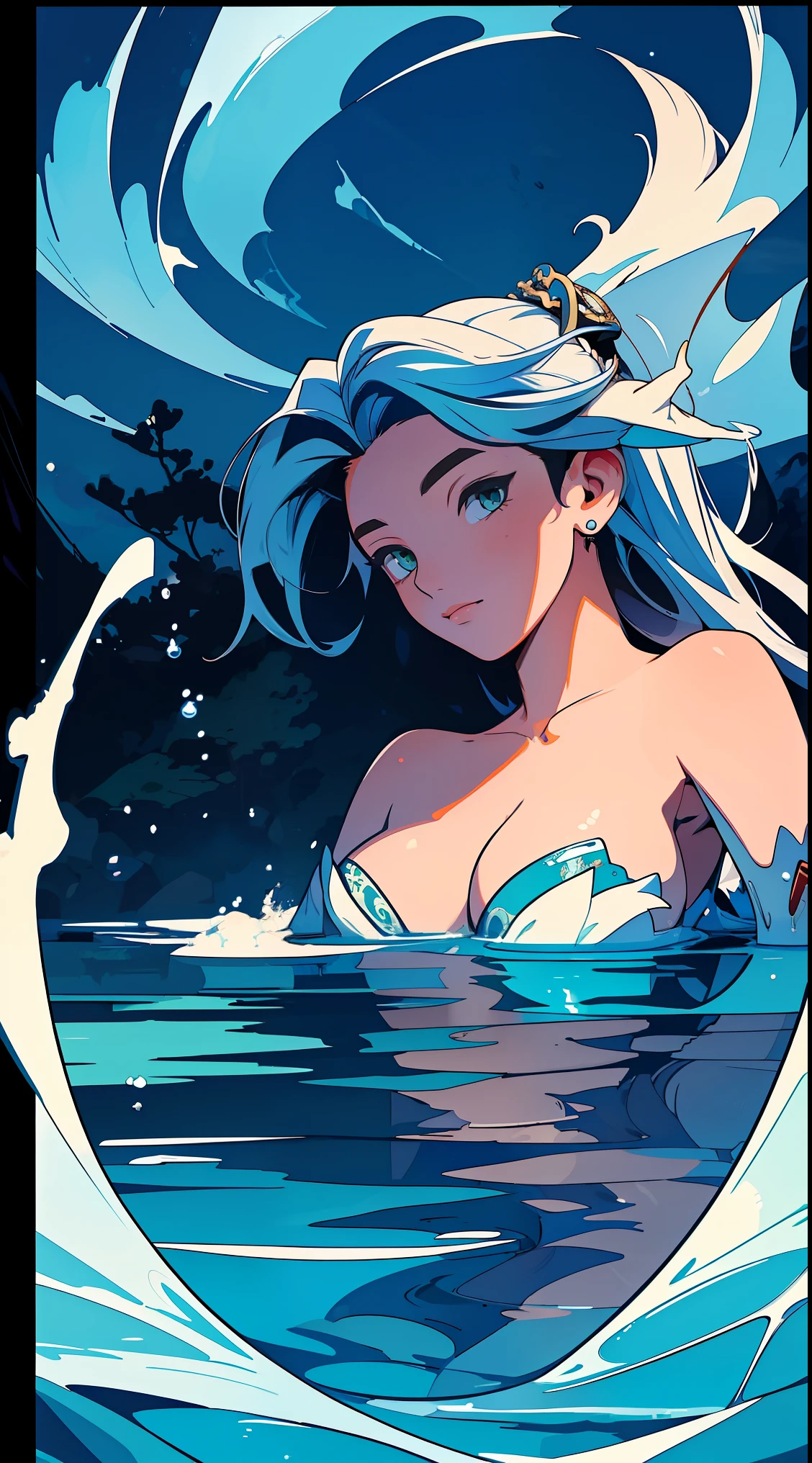 A dynamic blend of 2D Japanese anime style, Hyung-tae Kim's intricate design, and the visually narrative aesthetics found in Magic: The Gathering card art. Description: A majestic, shimmering mermaid, bathed in moonlight, beckons from the heart of a tumultuous whirlpool. Her enchanting eyes and melodic voice draw marine life and enchanted treasures toward her, illustrating her irresistible allure. The surrounding waters reflect the moon's silver hue, making the entire scene captivating and dreamlike. Note: No watermarks, no signature, no borders, ensure five fingers on any hands depicted.