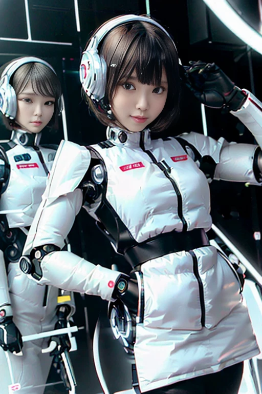 A girl in a futuristic bright white heavily armored robot suit takes a photo、perfect android girl, Female cyborg body, Perfect anime cyborg woman, Beautiful female android!, Female Robot, completely robot!! girl, Cute cyborg girl, Cyber Suit, Girl wearing mecha cybernetic armor, Cyber Suit, beutiful white girl cyborg, Beautiful female android, Beautiful girl cyborg、Cute cyborg girl with short bob hair、Beautiful android sculpture model、(Laughter)、((Rounded, white, sturdy armor))、(((Equipped with long sensor antennas on both ears)))、(((Robot Girl)))、(((Android girls)))、