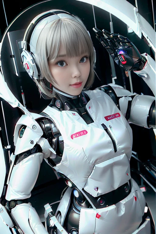 A girl in a futuristic bright white heavily armored robot suit takes a photo、perfect android girl, Female cyborg body, Perfect anime cyborg woman, Beautiful female android!, Female Robot, completely robot!! girl, Cute cyborg girl, Cyber Suit, Girl wearing mecha cybernetic armor, Cyber Suit, beutiful white girl cyborg, Beautiful female android, Beautiful girl cyborg、Cute cyborg girl with short bob hair、Beautiful android sculpture model、(Laughter)、((Rounded, white, sturdy armor))、(((Equipped with long sensor antennas on both ears)))、(((Robot Girl)))、(((Android girls)))、