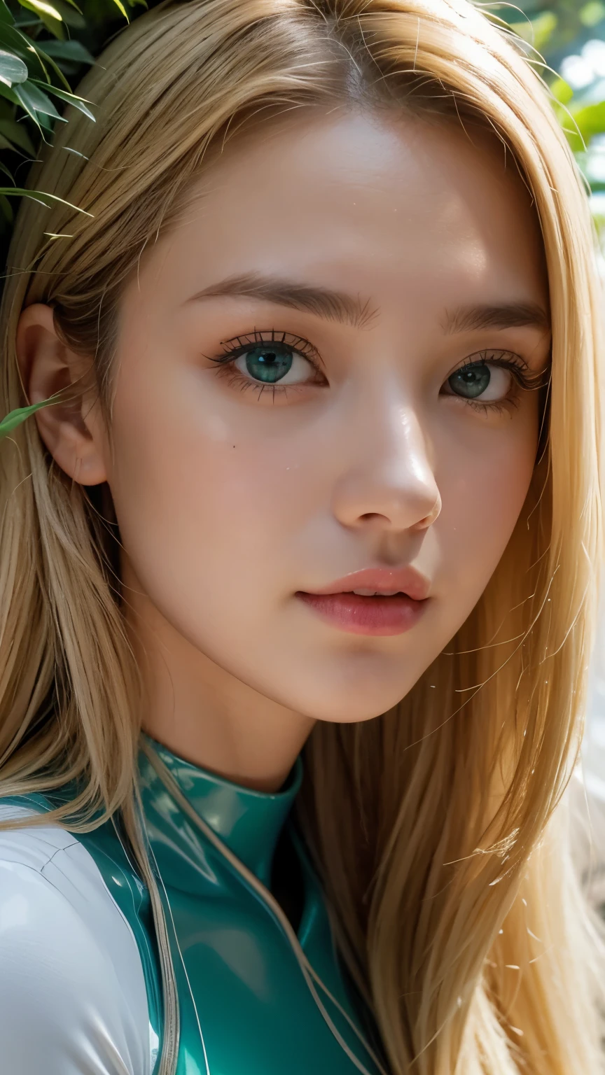 Strong light, Strong contrast, In an open-roofed cave、Sunlight shines through green moss and ferns。, And open( Ocean View:1.1) end, Cel-shaded rendering, 4K, 360 degrees, Equirectangular projection, what, One Girl, 30-year-old woman、Beautiful woman、Long Blonde Hair、White Latex Leotard、White long boots、White arm covers、masterpiece, 最high quality, high quality, High resolution, (((Face close-up)))、、Cleavage