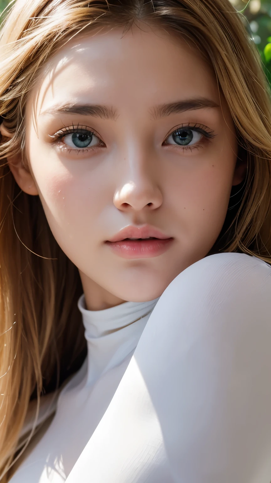 Strong light, Strong contrast, In an open-roofed cave、Sunlight shines through green moss and ferns。, And open( Ocean View:1.1) end, Cel-shaded rendering, 4K, 360 degrees, Equirectangular projection, what, One Girl, 30-year-old woman、Beautiful woman、Long Blonde Hair、White Latex Leotard、White long boots、White arm covers、masterpiece, 最high quality, high quality, High resolution, (((Face close-up)))、、Cleavage