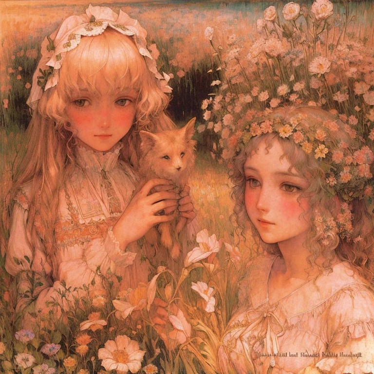 two girls in a field with flowers and a bird, Edward Hughes, Fernando Khnopf, inspirado en Edward Robert Hughes, por Jan Sawka, por Jan Toorop, inspirado en Edward Atkinson Hornel, por mikhail vrubel, inspirado en Arthur Hughes, por Leonor Fini, John Bauer y Bouguereau, inspired por Jan Toorop