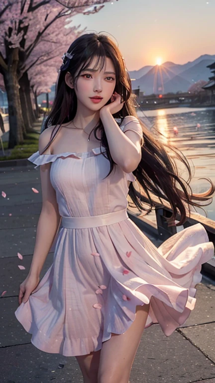 (logo, masterpiece, 8k, Tabletop, RAW Photos, wonderful, 最high quality, Photorealistic and Very detailed CG Integrated 8k Wallpaper, high quality, Very detailed, Narrative poem, Particle Effects, Dynamic Effects, Character boundary depth, (Cinematic Light, Lens flare, Ray Tracing), Fantasy, (single beauty, dress, one piece, Black Hair, Beautiful Face, True Face, Beautiful eyes in every detail, Beautiful Skin, long hair fluttering in the Wind, Long hair swaying , long hair dancing in the Wind), (cherry blossoms, cherry blossoms, cherry blossom Petals fluttering, cherry blossoms吹雪, Falling petals), Wind blowing hair, Hair soars, pink cherry blossoms, Petals fluttering, cherry blossoms吹雪, Nice views, sunrise , Sun in the background, Wind, god々, teeth, god聖な物語, Vast land