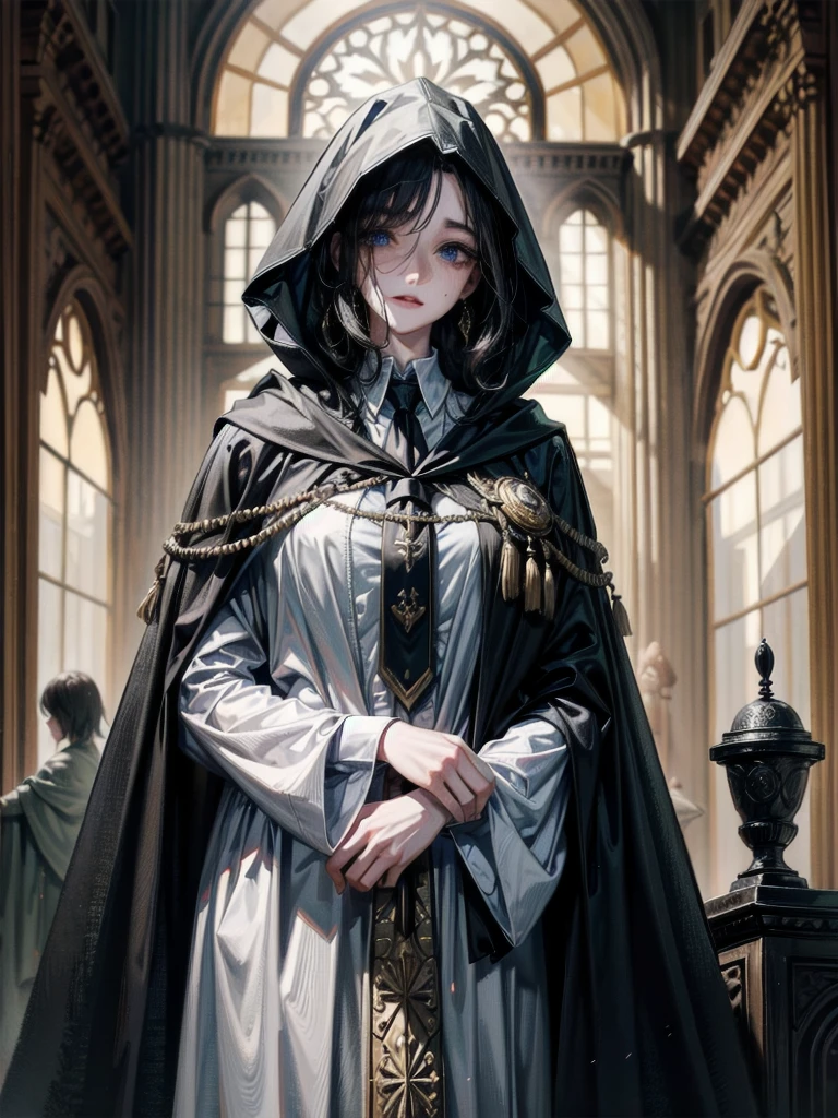 whole body, a large medieval castle interior, large ornate castle hall with high ceilings, hogwarts teacher, necktie, cloak, absurdres, RAW photo, extremely delicate and beautiful, masterpiece, Best Quality, ultra high resolution, 32k, hyperrealistic, ultra-detailed, perfect figure, perfect shape, detailed description, pale skin, 20 years old, detailed beautiful face and eyes, tearful mole, earring, short medium hair, wavy hair, black hair,