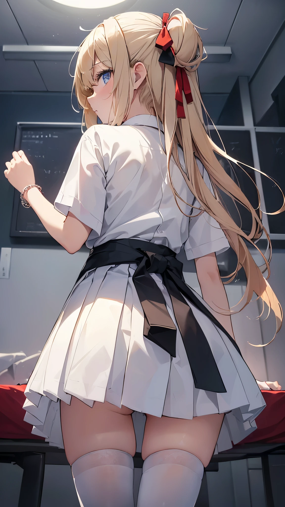 (From below:1.8)、(Sex from behind:1.8)、(White panties:1.3),、(school uniform:1.3), (plain white clothes around the waist:1.5), (West knot:1.3), (white collared-shirt:1.4), ((white collar, Unbutton, Short sleeve):1.2), (Red checkered pleated skirt:1.3), ((necklace, Colorful Bracelets, x Hair accessories):1.2), Very detailed、(8k, RAW Photos, highest quality, masterpiece:1.2), (Very detailed 8k 壁紙),shape、Professional Lighting,Sharp focus, Written boundary depth、 Browsing Caution、Clear Eyes、Perfect Anatomy、With a girl、-yeld stp thighs、blue eyes、blonde、、(Black thigh-high socks)、 bed 、(Remember)、