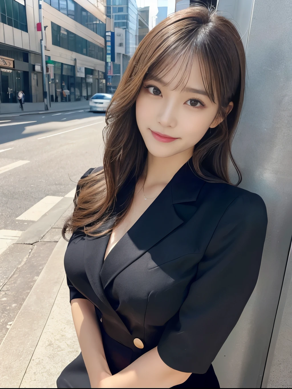 (Detailed skin:1.2),(Shiny skin:1.1),8k,highest quality, masterpiece, Ultra-high resolution,(Realistic:1.4), RAW Photos,(Soft Saturation:1.3),(Fair skin:1.2),Japanese Idols,repair,20 years, Brown Hair, Medium Hair, Asymmetrical Hair, Wavy Hair, （Perfect Anatomy）,
 (Pretty face:1.4), (Big Breasts, Tight waist), Beautiful lighting, Small Head,
(Black office suit:1.2,), Highly detailed face, Highly detailed lips, fine grain, double eyelid,, ((Full Body Shot:1.2)), Sharp focus: 1.2, Beautiful woman with perfect figure: 1.2、Random Pause，Accentuate the lines of your legs、smile、