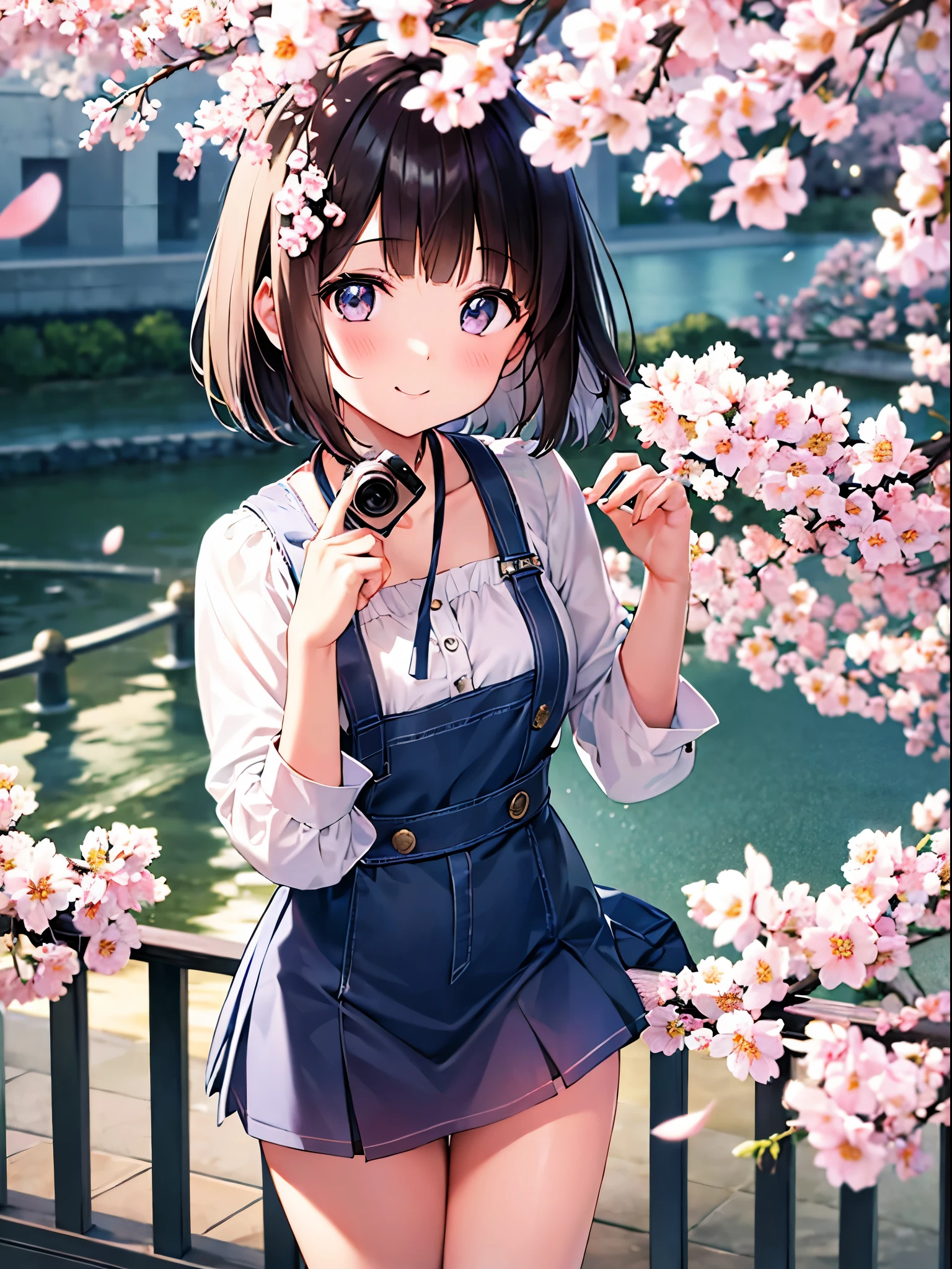 It depicts a young girl with dark, bob-cut hair.。She is smiling and making a peace sign。She is wearing a floral shirt、Camera hanging from neck。In the background is the Hiroshima Peace Memorial（Atomic Bomb Dome）There is、There are cherry blossom trees in full bloom all around.。A few cherry blossom petals are fluttering under the blue sky.、The overall atmosphere is light and peaceful.。