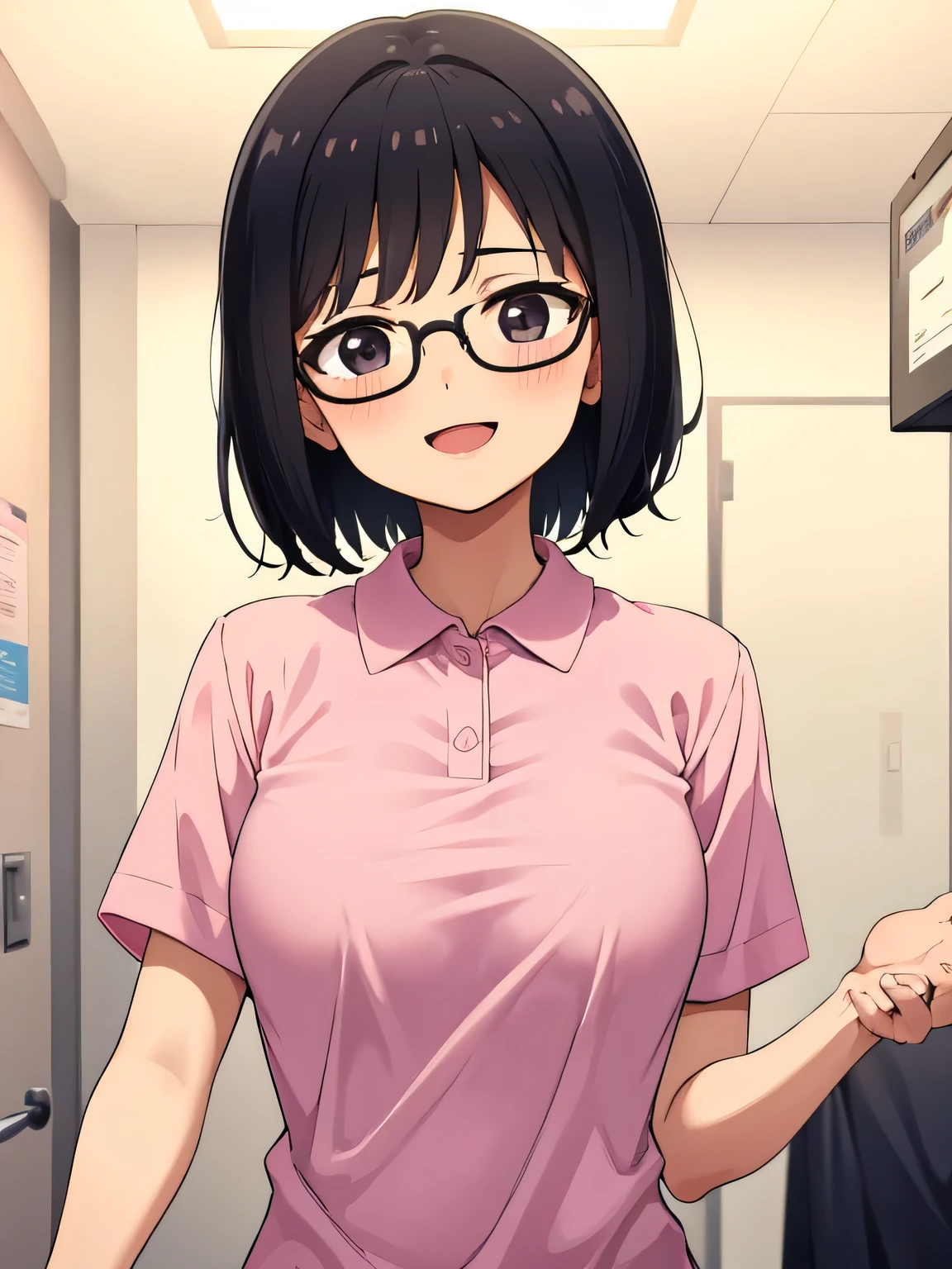 1. Beautiful girl in a pink polo shirt, short hair, Small breasts, Beautiful fingers, Black Hair, black eyes hospital beautiful cute high quality short sleeves glasses perfect hands medical checkup happy smile mouth wide open