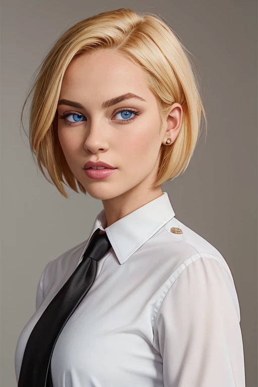 masterpiece, high quality, best quality, realistic, fine detail, (black suit, black necktie, MIBSuit, white shirt), large breasts, (muscular female:0.8), portrait, upper body, blank background, Agent L, blue eyes, blonde hair, short hair